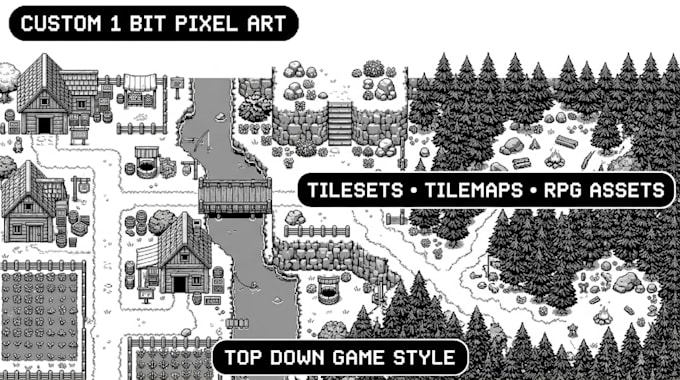 create 1 bit pixel art top down background tileset tilemap rpg game assets