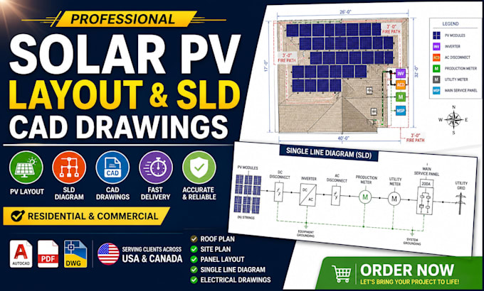 create solar pv layout and sld cad drawings usa