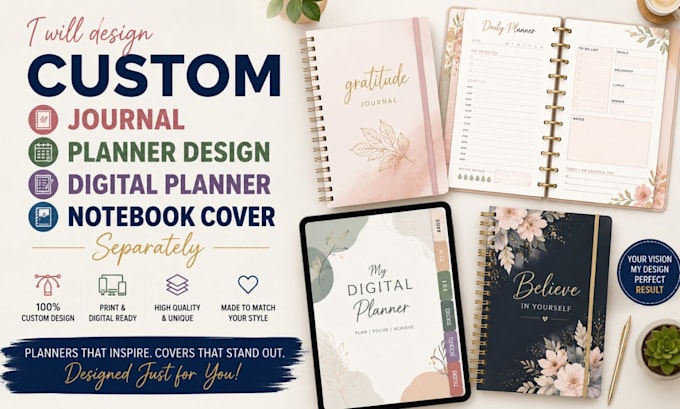 design custom journal, planner design, digital planner and notebook cover