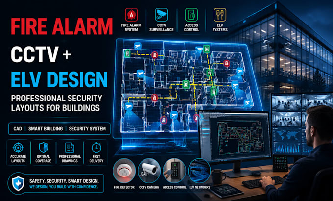 design fire alarm cctv access control elv system, security layout for buildings
