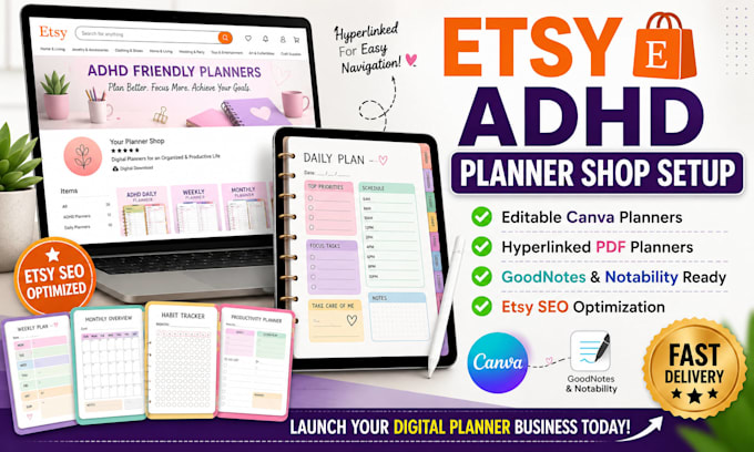 setup etsy hyperlinked adhd planner shop with editable canva digital planners