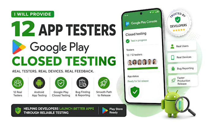 provide 12 app testers google play testers android app testing closed testing