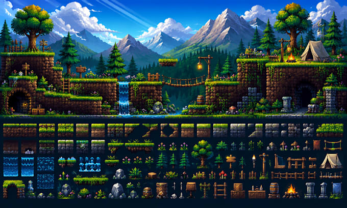 pixel art tileset, 2d game tilemap environment, rpg maker, pixel art background