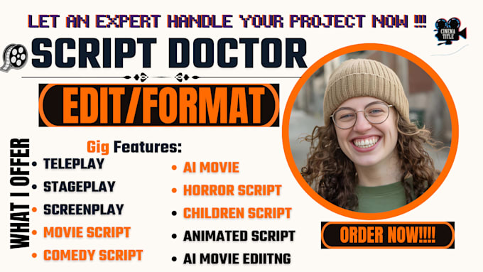 write a cinematic movie script, feature film screenplay, or TV series script