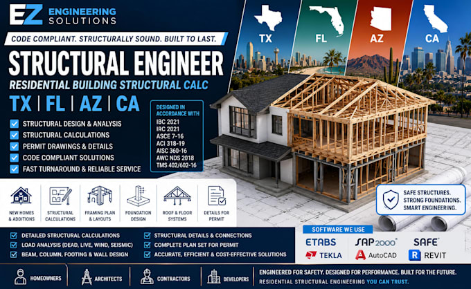structural engineer design residential building structural calc in tx fl az ca