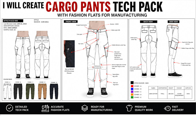 create cargo pants tech pack with fashion flats for manufacturing