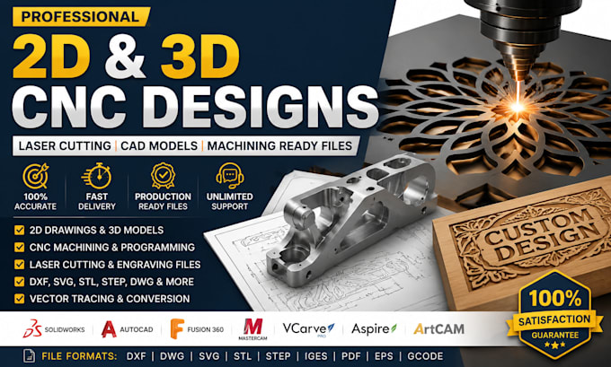 create 2d and 3d cnc designs, laser cutting cad models and machining ready files