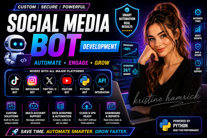 develop social media bot, twitter bot, tiktok bot, instagram bot, python bot