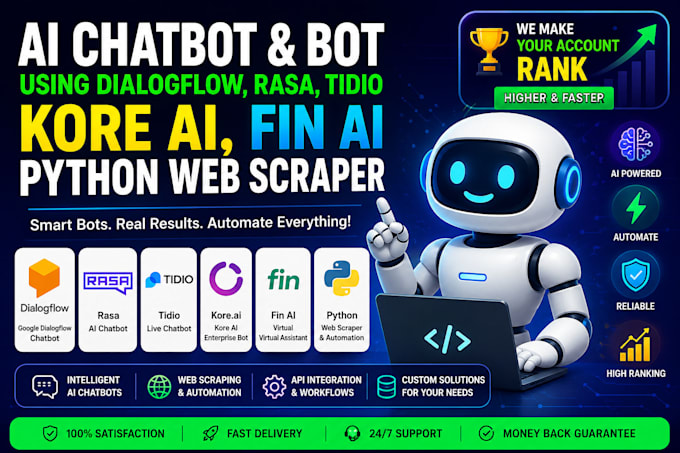 ai chatbot bot using dialogflow rasa tidio, kore ai, fin ai, python web scraper