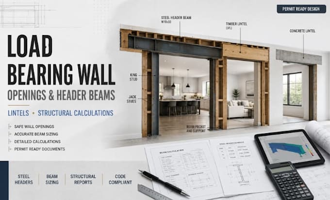 design load bearing wall opening header beams lintels and structural calculation