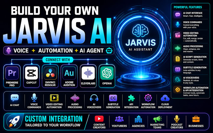 create jarvis ai assistant connected to audio ,video editing apps using apis,ai