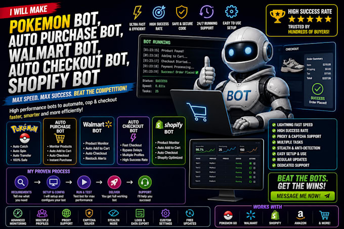 create walmart bot, auto purchase bot,pokemon bot, auto checkout bot shopify bot