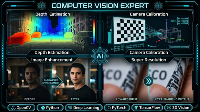 do depth estimation, camera calibration, image enhancement, and super resolution
