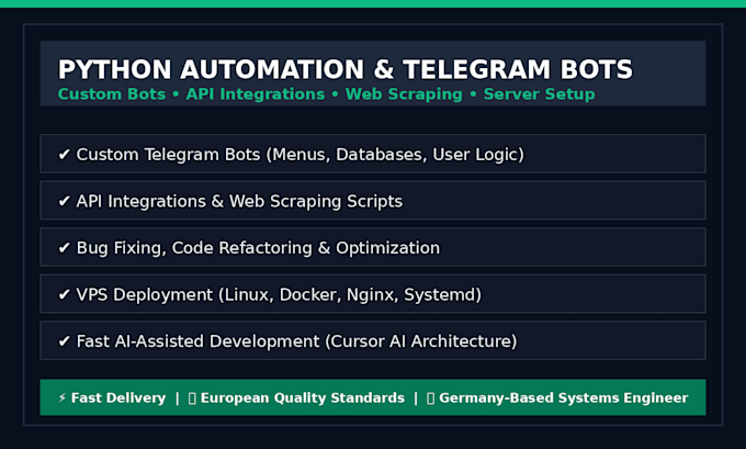 do custom python scripts, telegram bots, and api automation