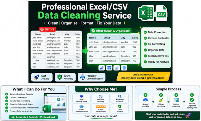clean, format, organize and fix excel or CSV data professionally