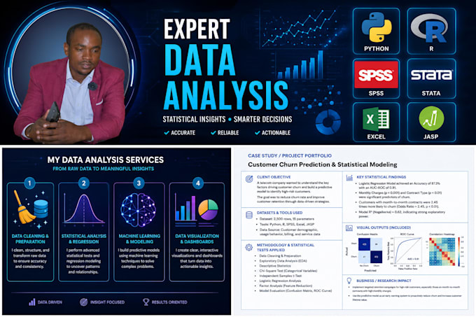 do expert data analysis with spss, r, python, stata, excel, jasp