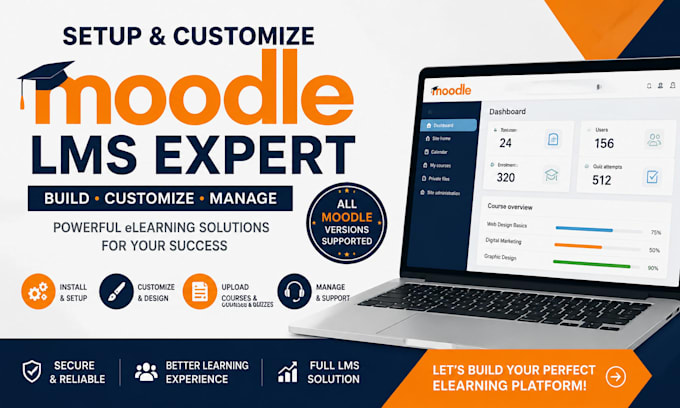 setup moodle lms, install, customize elearning website, upload courses, quizzes