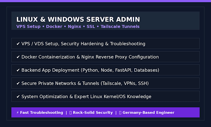 configure, setup, and troubleshoot linux vps, docker, and web servers