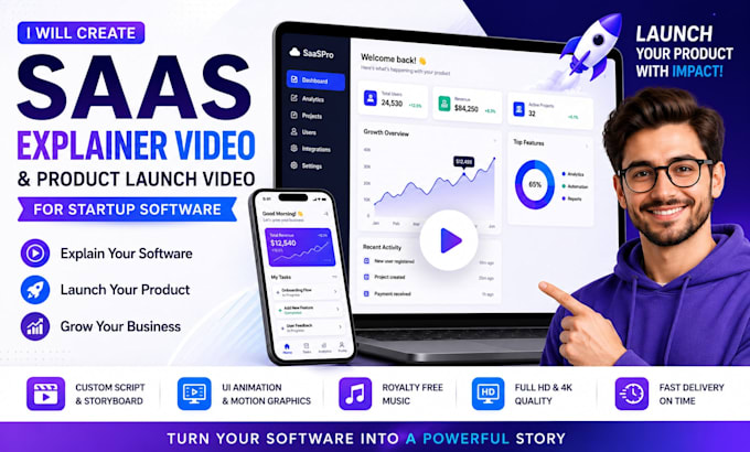 create saas explainer video and product launch video for startup software