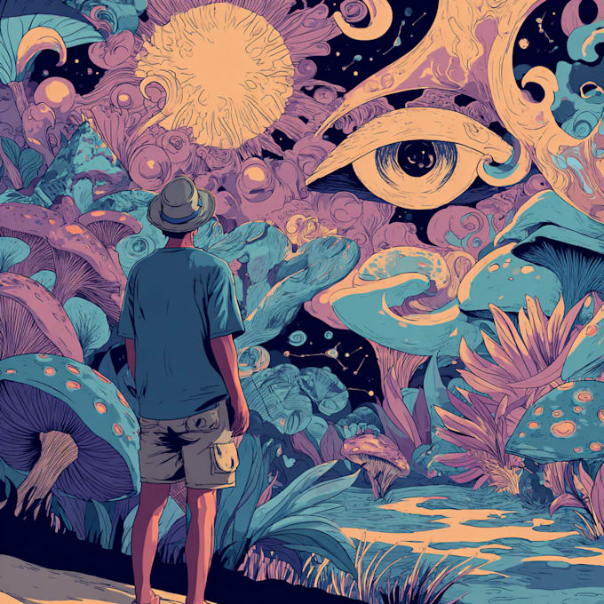 create psychedelic illustration, trippy art for album design