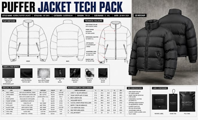 create a professional puffer jacket tech pack for manufacturer ready tech pack