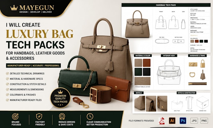 develop luxury bag and leather goods tech packs for manufacturers