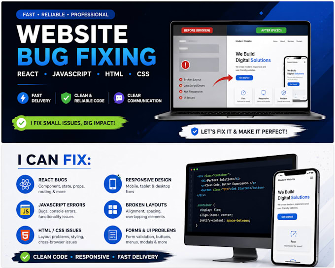 fix HTML CSS javascript or react bugs on your website