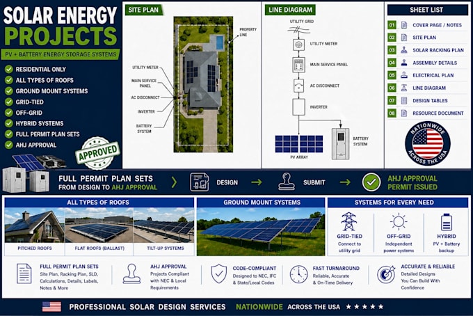 design solar pv and battery ess permit plan set for USA