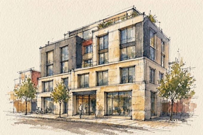 sketch architecture building with watercolor rendering