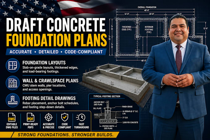 do concrete foundation layouts, slab details, and footing drafting
