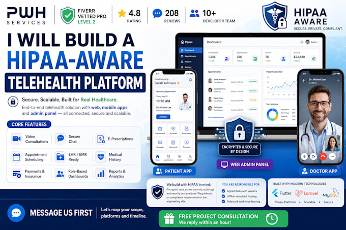 develop hipaa compliant telehealth telemedicine web and mobile app