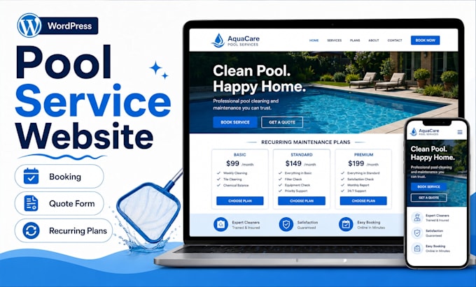 design a pool cleaning wordpress website with recurring plans quotes and booking