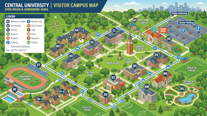 create wayfinding campus map, university map, visitor guide, navigation plan