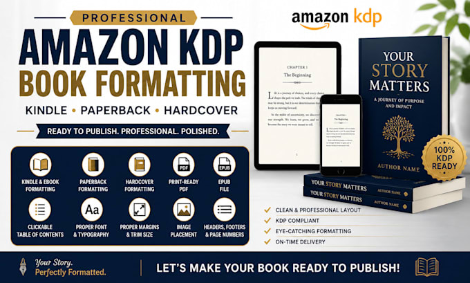 professionally format your book for amazon KDP kindle, paperback, and hardcover