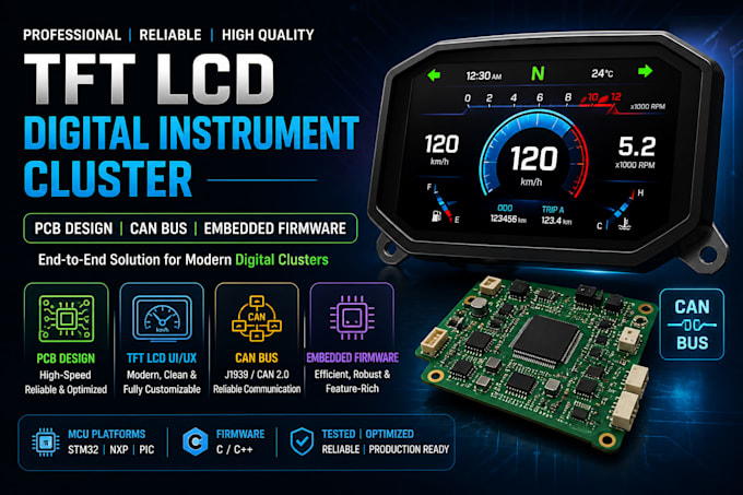 design tft lcd digital instrument cluster pcb, can bus, embedded firmware