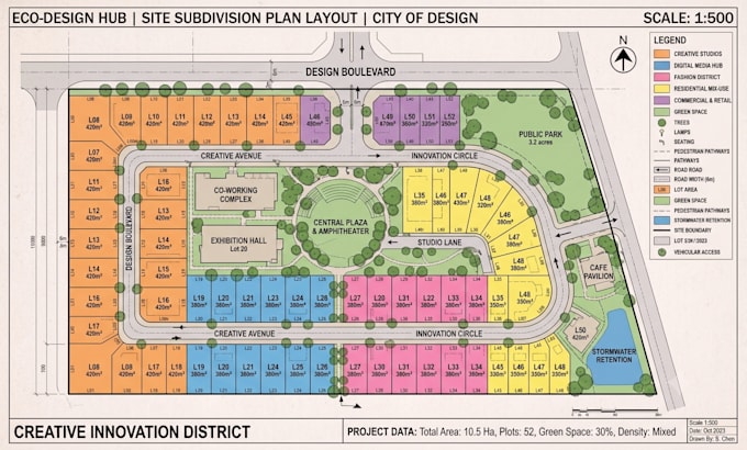 subdivision site plan design, plot layout, and 2d rendered master plan