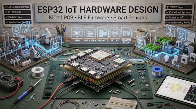 develop esp32 iot hardware with kicad pcb, ble firmware and sensors