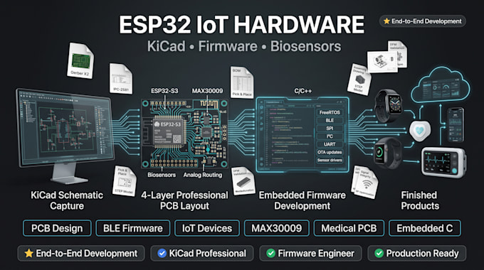 develop esp32 embedded pcb with ble firmware, iot, bio sensors and max30009