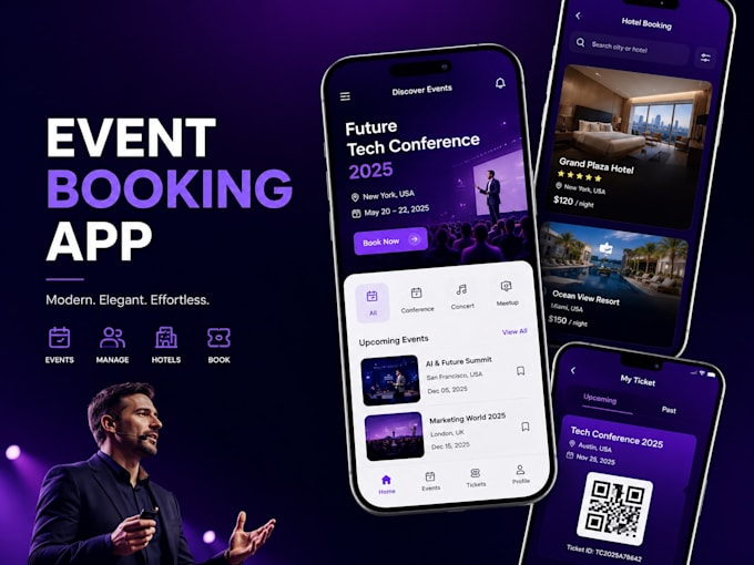 develop event booking app conference app event management app hotel booking app