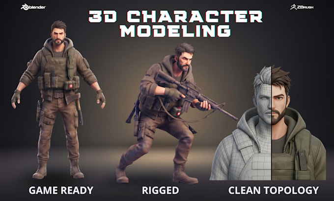 do 3d game character, 3d character modeling, 3d sculpting and low poly 3d model