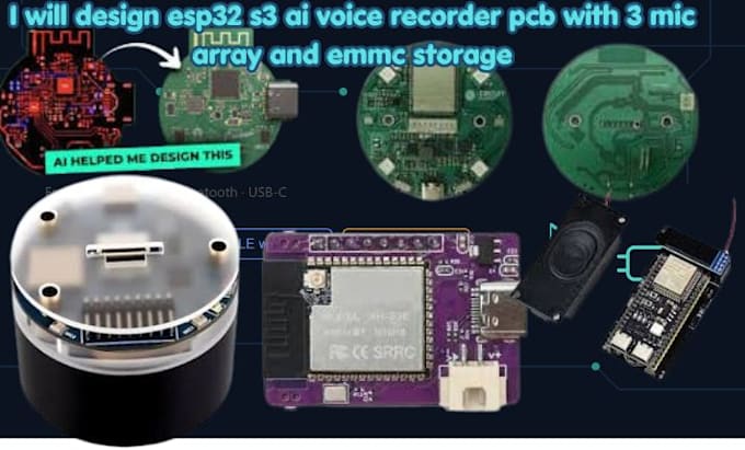design esp32 s3 ai voice recorder pcb with 3 mic array and emmc storage
