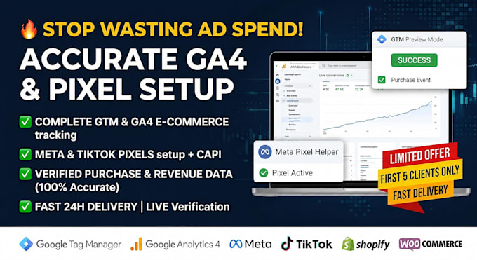 setup GTM, ga4 e commerce tracking, meta and tiktok pixel