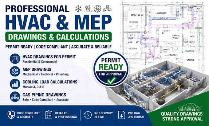 do hvac drawing for permit, mep drawing, cooling load calculations gas piping
