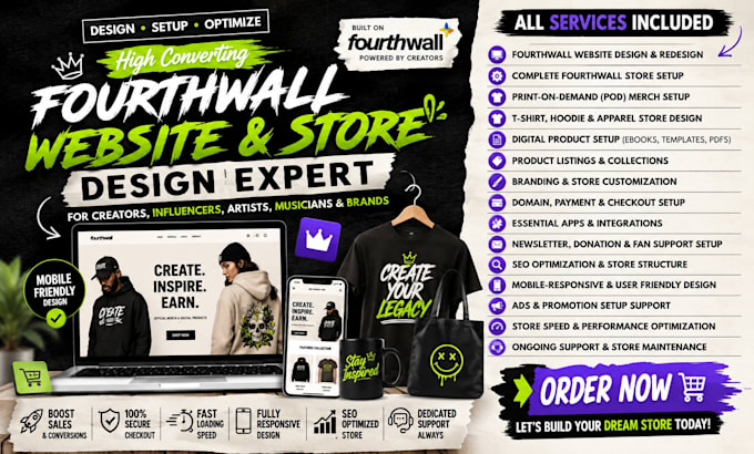 design fourthwall website, setup store, pod merch ecommerce and digital products