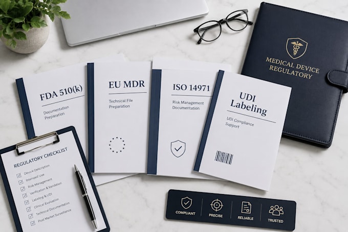 prepare fda 510k, eu mdr technical file, iso 14971, udi labeling