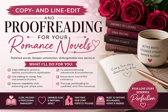 do copy editing, line edit and proofreading for your romance novels