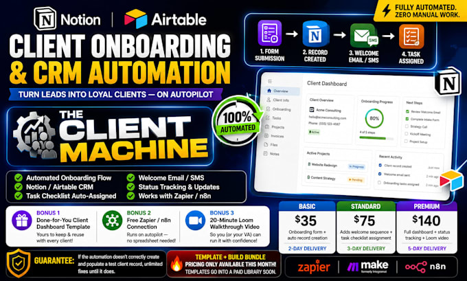 build a notion or airtable client onboarding and CRM database automation system