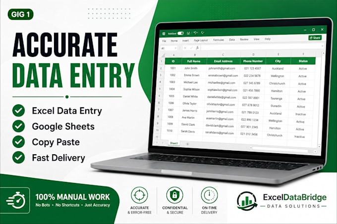 do accurate excel data entry, google sheets and PDF to excel