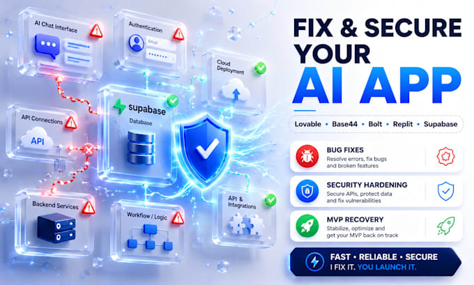 fix and secure your lovable, base44, bolt, replit vibe coded app, mvp, supabase