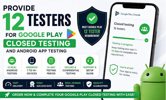 provide 12 testers for google play closed testing and android app testing